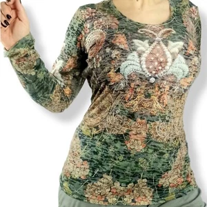 Vintage Y2K stretchy semi sheer blouse lace open cutwork ladies top rhinestones - Bild 1 von 8