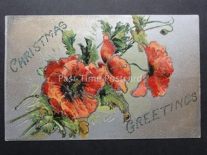 Poppies CHRISTMAS Postcard Glitered on Silvered Surface c1908 by BB London - Picture 1 of 2