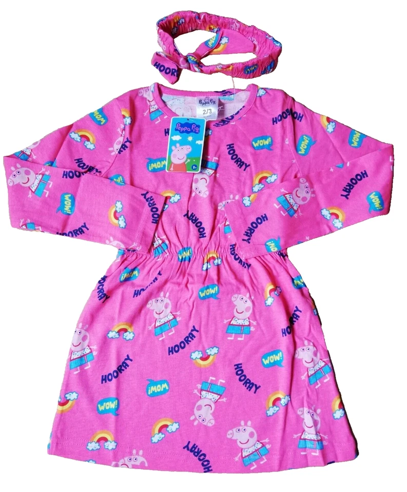 Girls Peppa Pig Dress & Headband 2-5 Y Long Sleeve Peppa Print 100% Cotton Party - Image 1 of 4