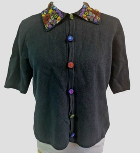 Marisa Christina Black Short Sleeve Cardigan Sweater Beaded Collar Halloween M - Picture 1 of 8