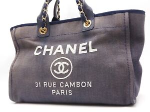 CHANEL Deauville GM Shoulder Tote Bag Denim Canvas Leather Navy A66941 W-0067