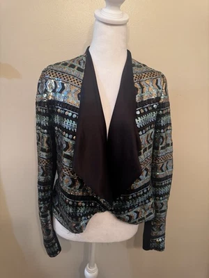 Anthropologie Elevenses Sequin Cropped Blazer Geometric Blue Black Extra Small - Image 1 of 4