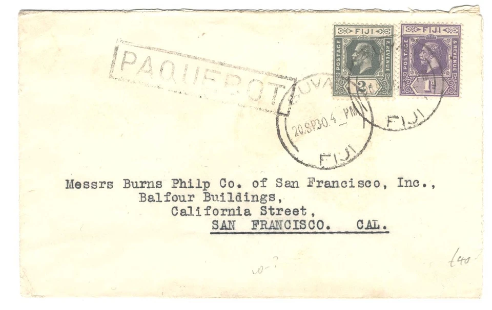 Fiji 1930 Cubierta ordenada a San Francisco franqueado 2d + 1d, Suva cds, caja fina Foto 1 de 1