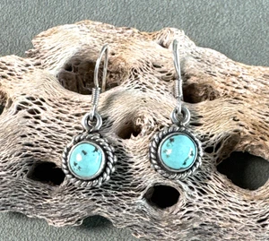 Turquoise Dangle Earrings Rope Edge Sterling Silver - Picture 1 of 9