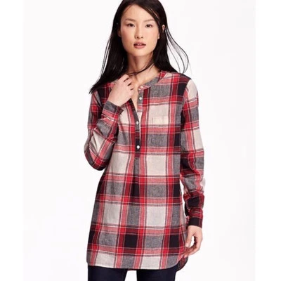 Old Navy Size XS Red Plaid Partial Button Front Linen Cotton Tunic Top - Image 1 of 4