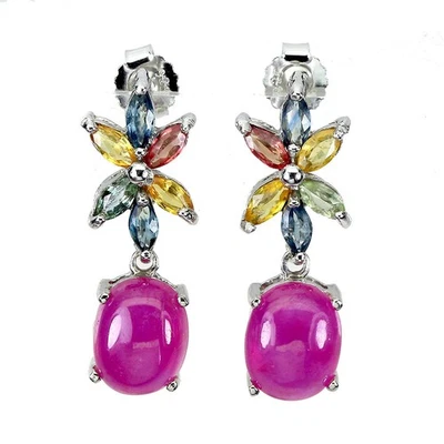 925 Sterling Silver Oval Ruby 10x8mm Multicolor Sapphire Earrings - Image 1 of 4