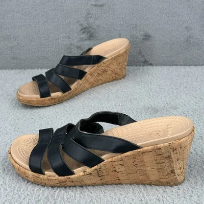Sandalias de cuña Crocs Leigh para mujer 10 negras con tiras tacón de corcho sin cordones zapato cómodo Foto 1 de 4