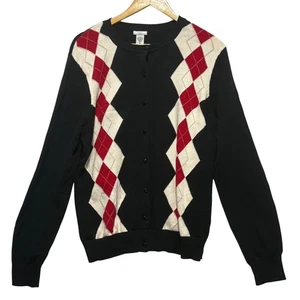 IZOD Golf Womens XL Cardigan Black Red Argyle Cotton Sweater Academia Preppy - Picture 1 of 5