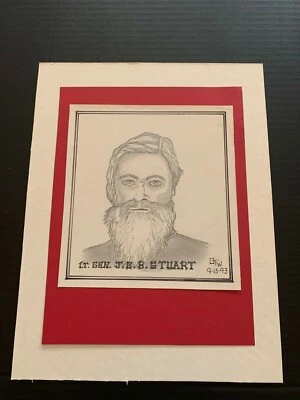 Винтажный генерал-лейтенант гражданской войны J.E.B. Стюарт карандаш рисунок подписанный и датированный - Изображение 1 из 2