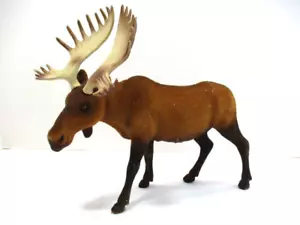 Vtg Flocked Velvety Brown Bull Moose 9" Tall 9" Long Glass Eyes Plastic Antlers - Picture 1 of 17