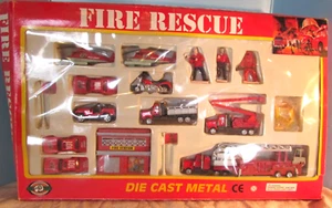 VINTAGE DIE CAST METAL Fire Rescue Team Play Set HELICOPTER/ STATION/ CARS 16 PC - Picture 1 of 8