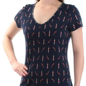Maison Jules Women's XS Navy Cotton Printed V-neck Tee Short Sleeve - Picture 1 of 8