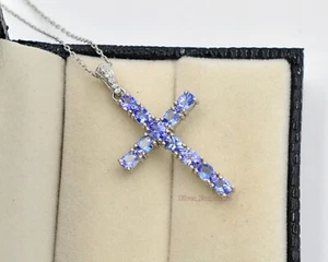 Natural Tanzanite 925 Sterling Silver Holy Cross Pendant Necklace Wedding Gift - Picture 1 of 7