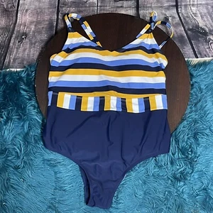 Kona Sol Swimsuit 18W Plus Size 18 Navy Yellow Stripe New NWT - Picture 1 of 11