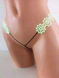 new Green Black Floral Split Crotch Thong Panty M L Handmade - Picture 1 of 6