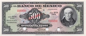 Mexico 500 Pesos Specimen 02.08.1974 Series BYH Uncirculated Banknote - Picture 1 of 2