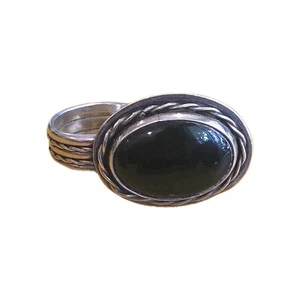 Navajo Black Onyx & Sterling Silver Two Finger Ring Senufa Signed Size 9  - Picture 1 of 8