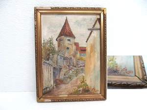 Signiertes Kunstgemälde SH 1922 Dorfstraße Turm Karton gerahmt 7,5 x 10 Zoll - Bild 1 von 5