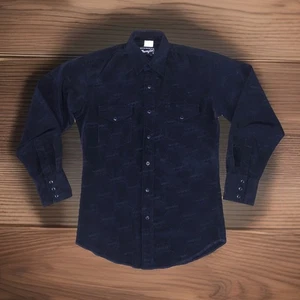 Wrangler Western Pearl Snap Shirt Black Cowboy All Over Monogram Sz S EUC - Picture 1 of 12