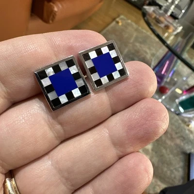 Juego de 2 gemelos WEH de plata de ley de ónix negro madreperla y lapislázuli índigo Foto 1 de 4