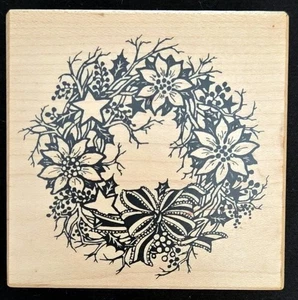 PSX Rubber Stamp G-1146 Poinsettia Wreath w/ Ribbon Star Berries Christmas - Picture 1 of 2