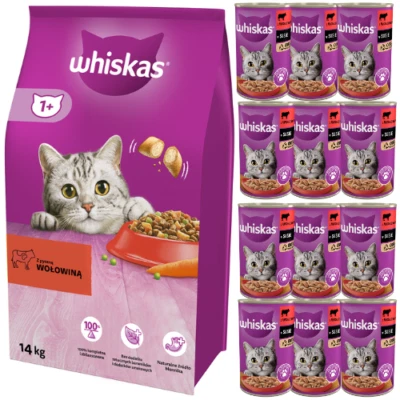 14 kg WHISKAS Adult Rind+ 12x400 g Nassfutter Rind in Soße für adulte Katzen - Bild 1 von 3