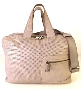 HUGO BOSS GRAY GENUINE LEATHER TWO COMPARTMENTS SHOULDER BAG LAPTOP BRIEFCASE