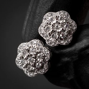 Men's Large Flower Cluster White Gold Sterling Silver Iced Cz Hip Hop Earrings - Picture 1 of 5