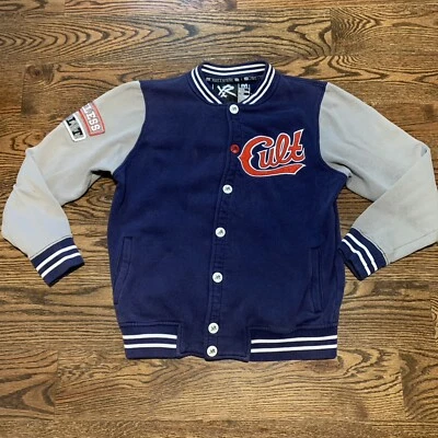 Chaqueta de bombardero universitaria Young & Reckless Cult 1986 azul gris para hombre mediana, Y&R Foto 1 de 4