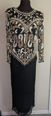 Scala Black 100% Silk Heavily Embellished Copper White Maxi Evening Gown S - Image 1 of 4