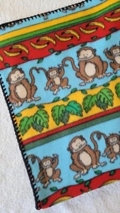 New Fleece Monkeys Print Baby Blanket w/Crochet Edge Approx 30" x 36" - Picture 1 of 3