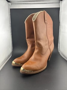 Acme Beige Leather Cowgirl Boots Sz 8D Pointy Toe Embroidered Mid Calf Fave! - Picture 1 of 6