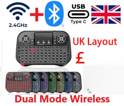 MINI KEYBOARD 2.4G + BLUETOOTH AIR MOUSE TOUCHPAD  7 COLOUR BACKLIGHT,uk - Image 1 of 3