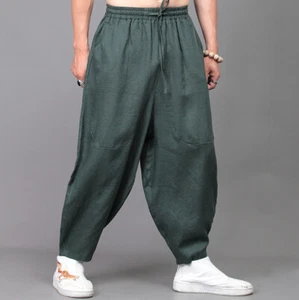 Casual Men Pants Drop Crotch Cotton Linen Chinese Style Loose Hip Hop Harem Pant - Picture 1 of 20