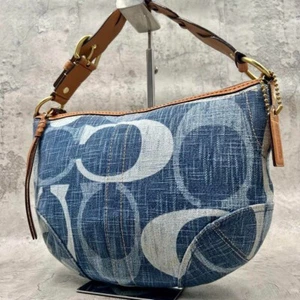 Coach Signature Tonal Logo Denim Hobo Shoulder Bag Purse 12190 Navy Brown Used - Bild 1 von 15