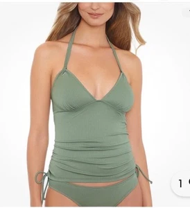 Salt + Cove Juniors’  Ribbed Shirred Halter Tankini Top, Olive Green, Medium - Picture 1 of 3