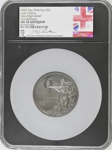 2025 Alderney UK £5 LADY LIBERTY 5 Oz Silver UHR  NGC MS70 Antiqued FR - CLARK - Picture 1 of 14