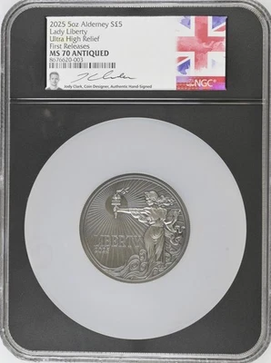 2025 Alderney UK £5 LADY LIBERTY 5 Oz Silver UHR  NGC MS70 Antiqued FR - CLARK - Image 1 of 4