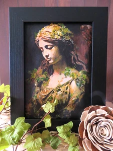 Framed Mini Art Ivy-Covered Angel Statue – Gothic Woodland Painting 5x7 Decor - Picture 1 of 5