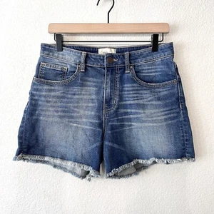 BKE Women's 29 High Rise Whisker Raw Hem Denim Jean Shorts Med-Dark Wash Blue - Picture 1 of 9