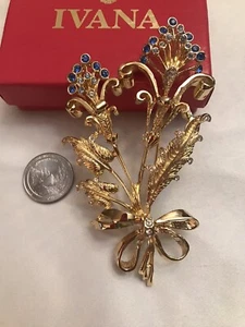 Vintage Ivana Trump Large Brooch Gold Tone Blue Rhinestone Signed New 4 1/2” - Picture 1 of 8
