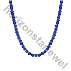 22" Tennis 5 MM Necklace 55 Ct Round Cut Blue Sapphire 14K White Gold Plated - Picture 1 of 7