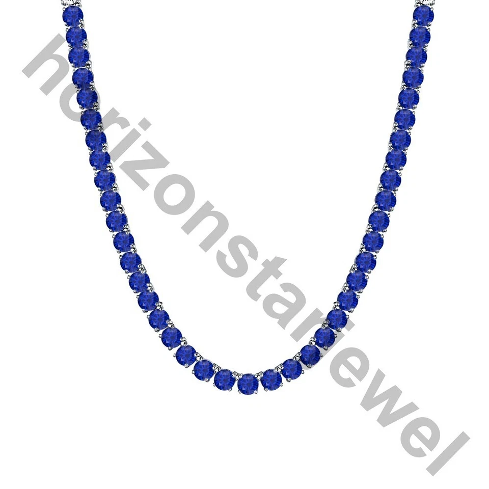22" Tennis 5 MM Necklace 55 Ct Round Cut Blue Sapphire 14K White Gold Plated - Image 1 of 4