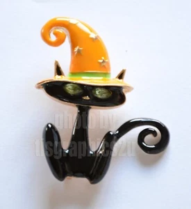 Black Cat w Witch Hat ~ Halloween Pin and/or Pendent in Gold-tone - Picture 1 of 4