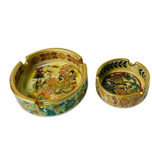 Juego de 2 Ceniceros Satsuma Vintage Geisha Chinas Niñas Pájaro Floral Borde Dorado - Imagen 1 de 7