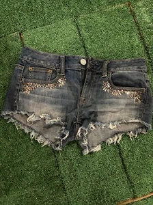 American Eagle Frayed Jean Shorts Womens Size 2 Embellished Stretch - Picture 1 of 5