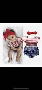 Romper Jumpsuit Headband Outfit Fourth July Flag Red White & Blue Baby Girl Gift - Picture 1 of 1
