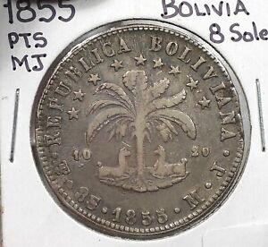 1855 PTS, MJ Bolivia 8 Sols Silver XF Details Deep Scratch (171)