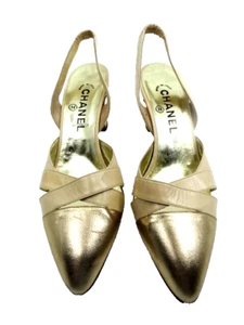 Authentic CHANEL Beige & Gold Leather Cap Toe 3.5" High Heels, Size 38, Italy - Picture 1 of 7