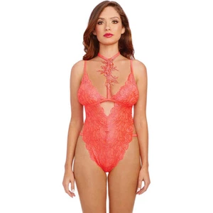 Dreamgirl Stretch Galloon Lace Choker Teddy Coral One Size - Picture 1 of 4